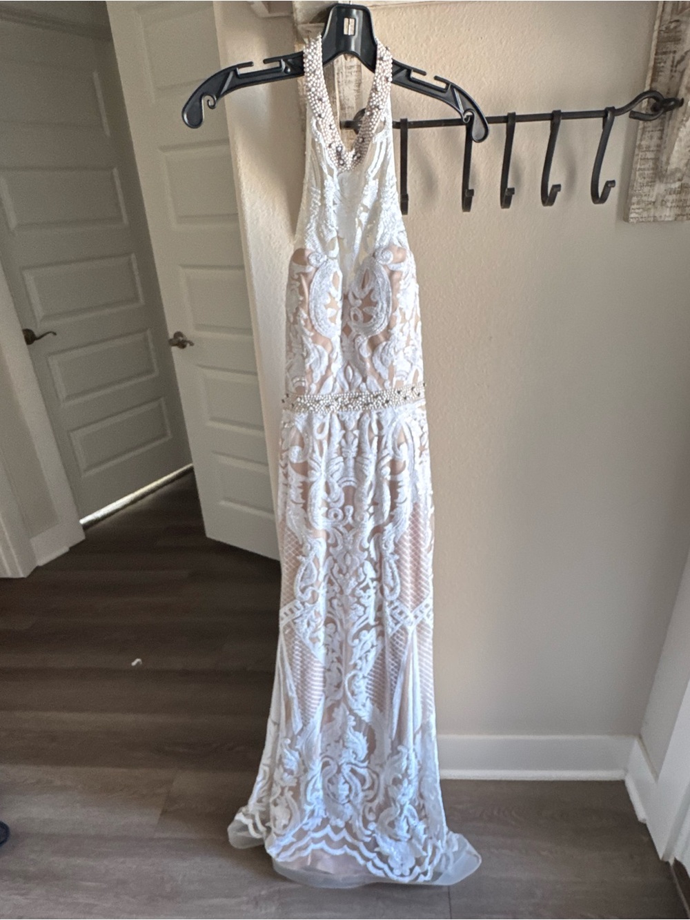Tiffany Designs Ivory/Nude Beaded Halter Dress